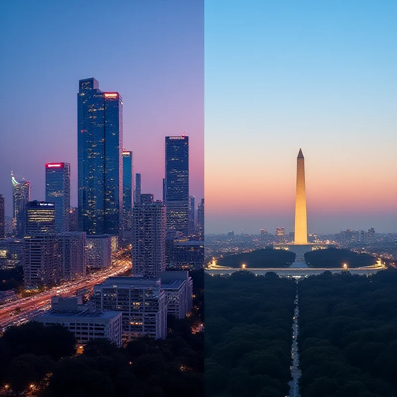 A split image comparing the skyline of Beijing, China, with the skyline of Washington, D.C., USA.