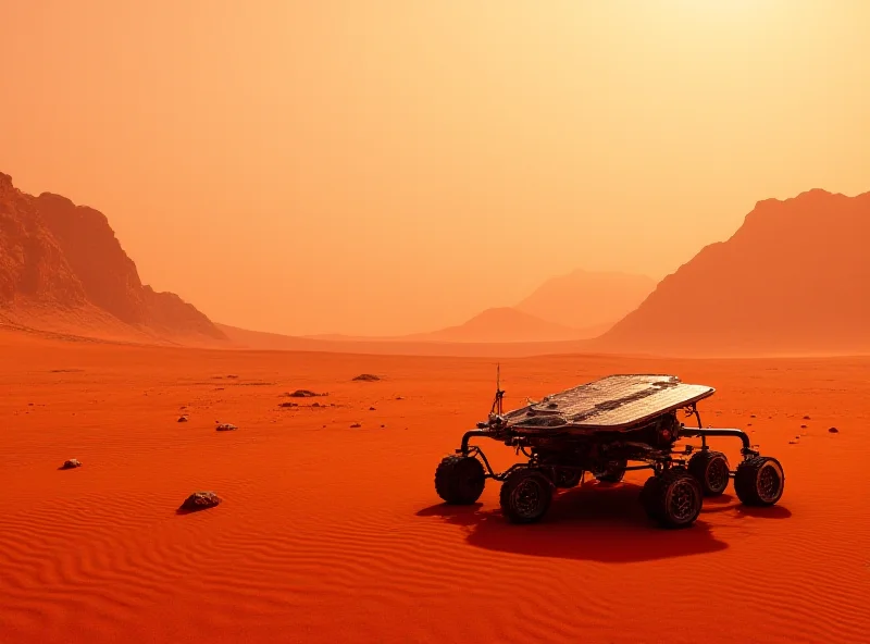 Illustration of a rover on Mars exploring a sandy beach with mountains in the background.