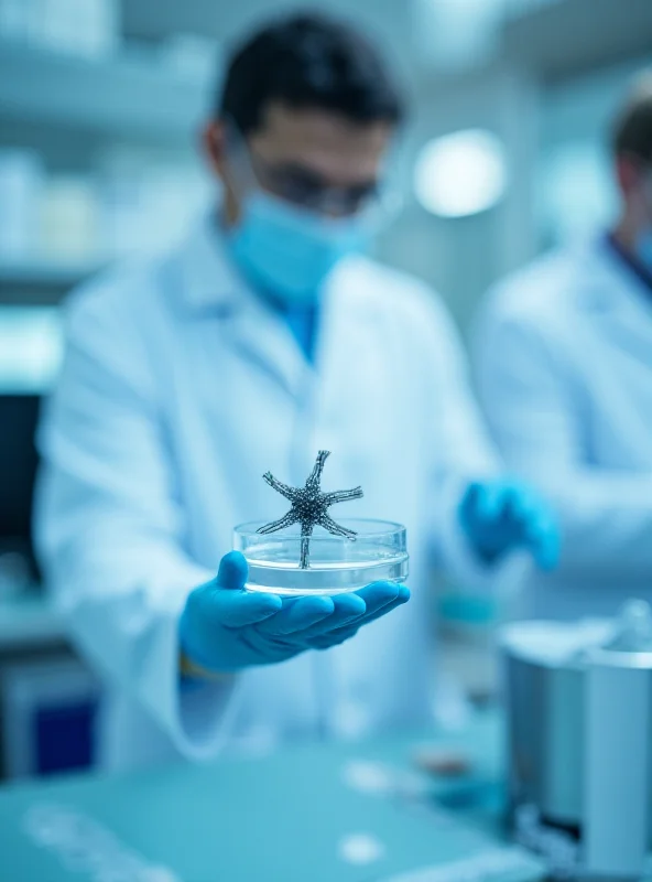 Illustration of a scientist in a lab coat holding a 3D printed implant in a petri dish.