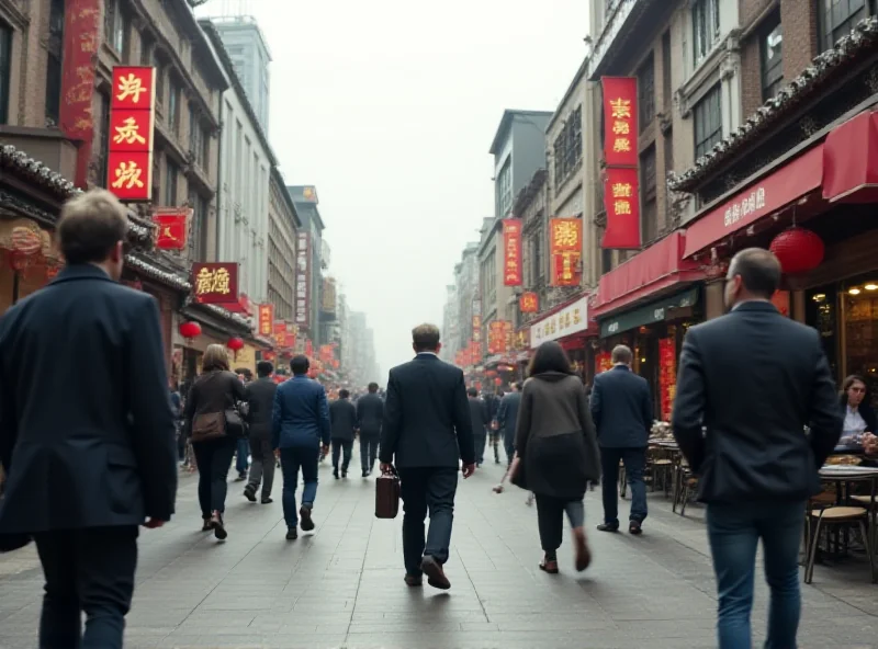 A diverse group of Chinese people in a modern city setting, some looking relaxed and others focused on work.