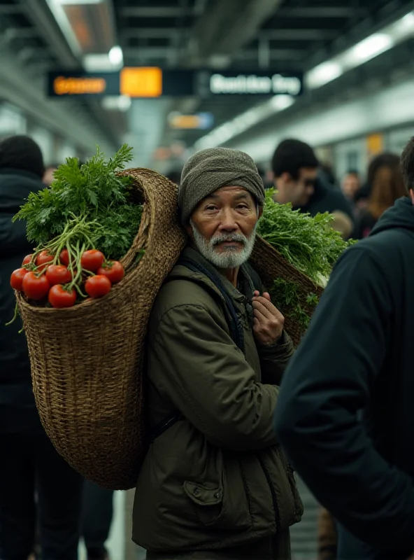 Elderly Chinese farmers carrying baskets of vegetables at a subway station in Chongqing.