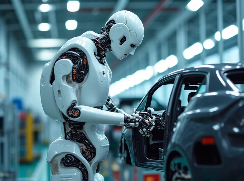 A humanoid robot working on a car assembly line in a modern factory setting.