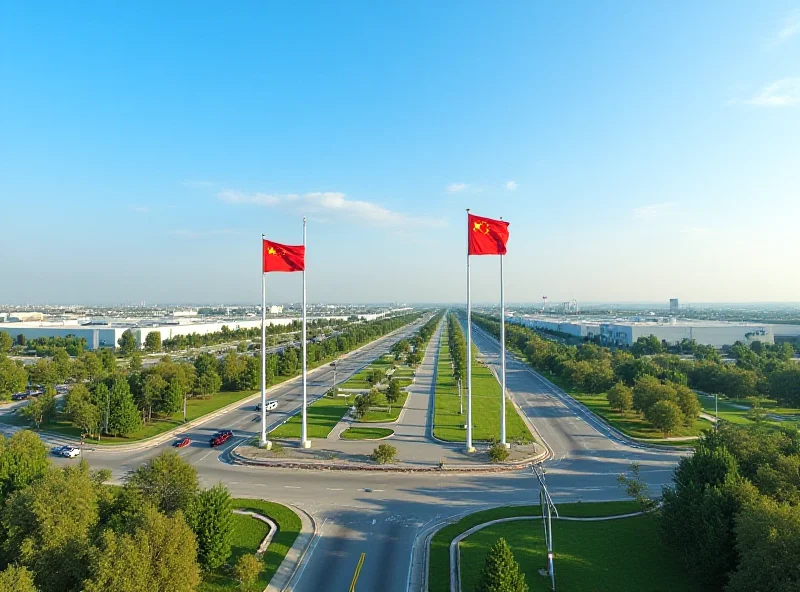 Aerial view of a modern industrial park in the Alatau region, Kazakhstan, with Chinese and Kazakh flags waving in the foreground.