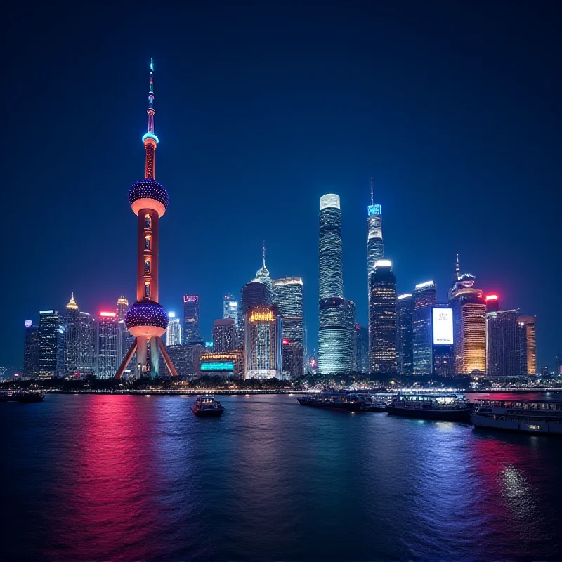 The Shanghai skyline at night, with the iconic Oriental Pearl Tower illuminated.