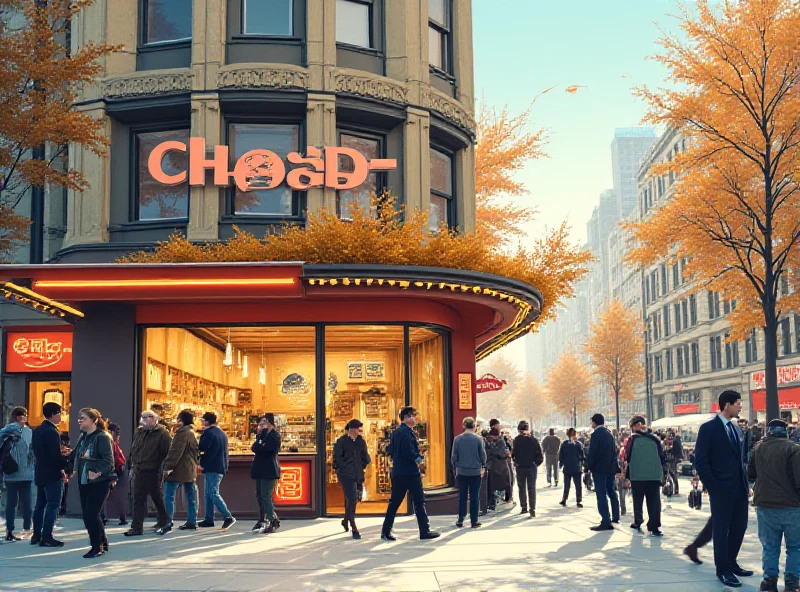 Illustration of a modern tea shop with Chagee branding in a bustling New York street.