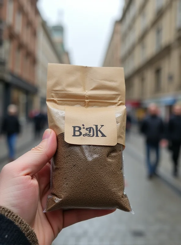 Close-up shot of a small bag of soil labeled Bank Soil being held over a blurred background of a busy city street with banks.