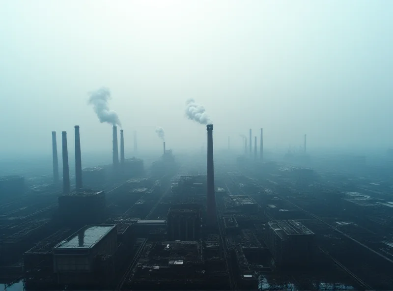 Aerial view of a vast industrial complex in China, with numerous factories and warehouses. Heavy smog hangs in the air.