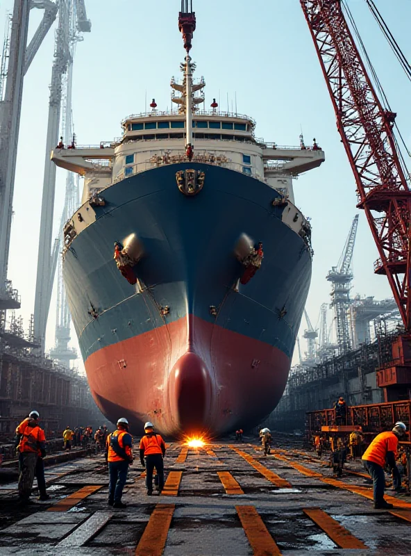 A large cargo ship being constructed in a shipyard. Workers are welding and assembling the ship, with cranes lifting heavy materials.