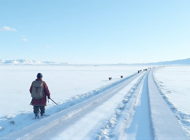 A digital rendering of the Power of Siberia 2 gas pipeline stretching across a vast, snow-covered landscape, connecting Russia and China. In the foreground, a Mongolian herder tends to his livestock.