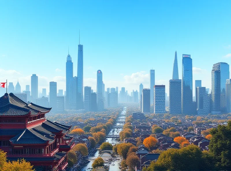 A bustling Chinese city skyline with modern buildings and traditional elements, under a clear blue sky, symbolizing China's economic growth and ambitions.