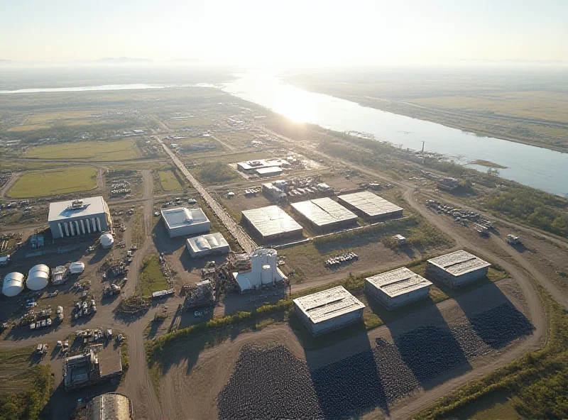 An aerial view of the Hanford nuclear site, showing the transition from industrial facilities to emerging solar panel arrays, with the Columbia River in the background.