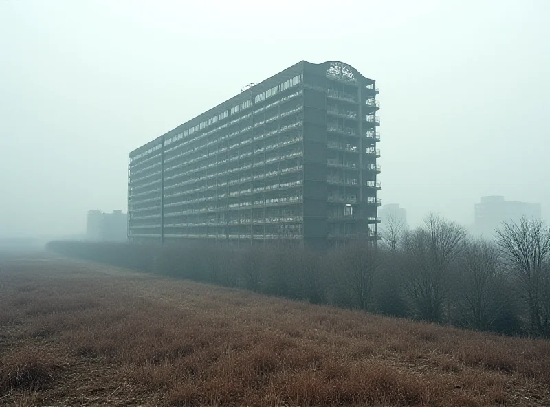 Exterior view of a large, multi-story pig farm in China, showing the scale of the facility and surrounding landscape.