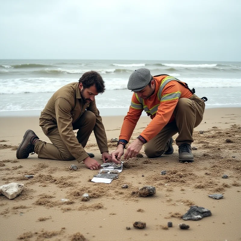 Investigators examining debris from a shipwreck on a beach, focusing on small details and documenting their findings.