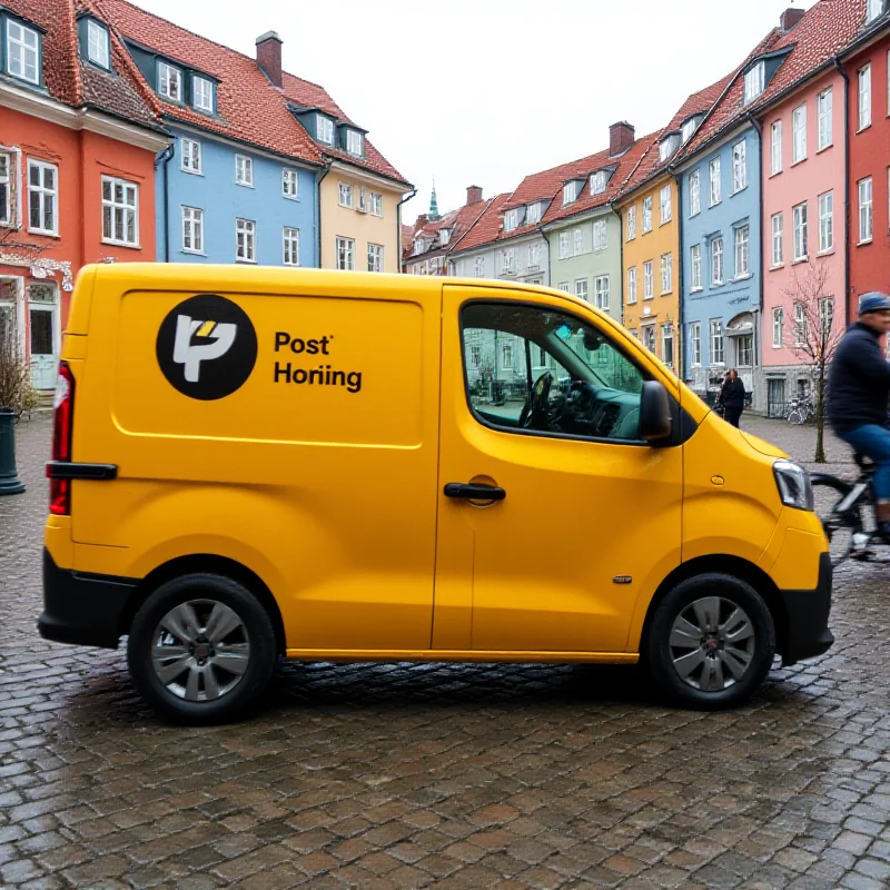 A PostNord delivery van parked in a Danish street.