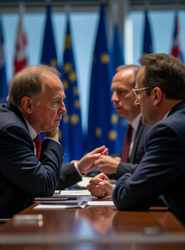 A photograph of Friedrich Merz and Olaf Scholz engaged in a serious discussion at a conference table in Brussels, with EU flags visible in the background. The scene should convey a sense of political tension and high-stakes negotiations.