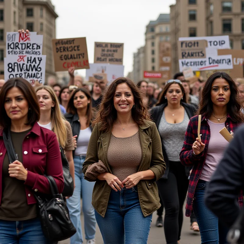 A diverse group of women marching in a protest for equal pay, holding signs and banners advocating for gender equality in the workplace. The scene should convey a sense of determination and solidarity.