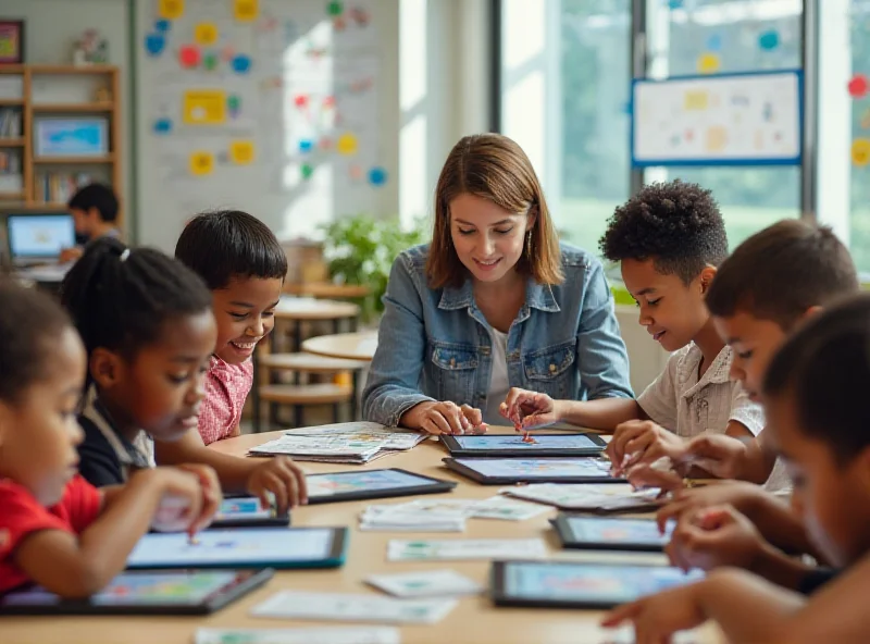 A classroom scene with children using tablets powered by AI.