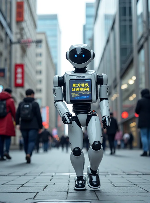 A sleek, futuristic police robot patrolling a city street in China.