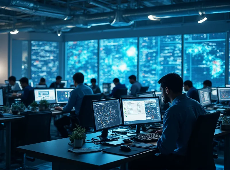 A high-tech office setting with consultants working on computers, representing the global competition for technological supremacy.