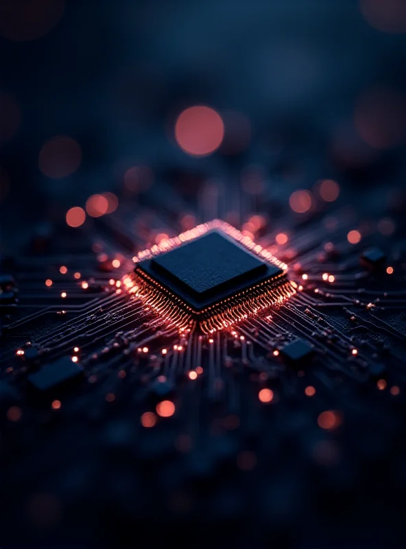 Close-up of a complex microchip with light beams flowing through its circuits, representing ultra-fast processing.