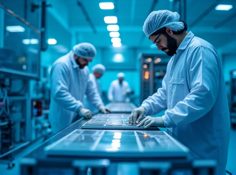 A cleanroom environment with robotic arms working on silicon wafers, highlighting Intel's manufacturing process.