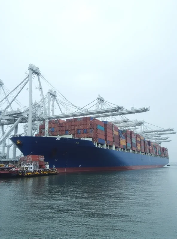 A container ship at a port, symbolizing the export and import of goods, including semiconductors, between Singapore and Malaysia.