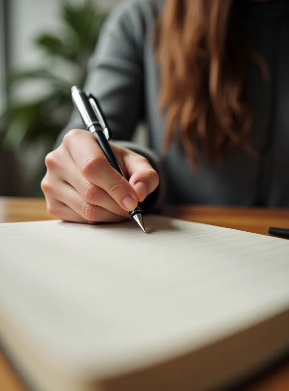 A person writing in a journal with a pen, looking thoughtful.