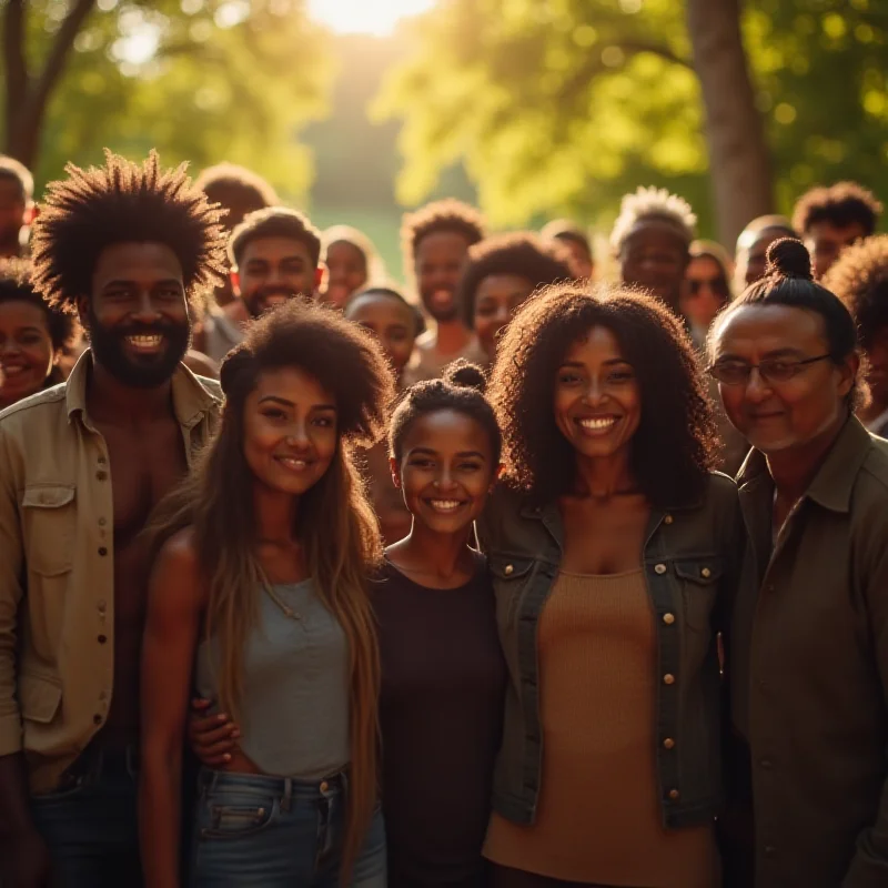 A diverse group of people smiling and supporting each other.