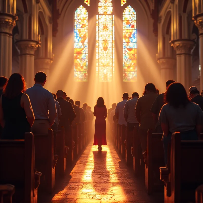 A group of people praying together inside a brightly lit church.