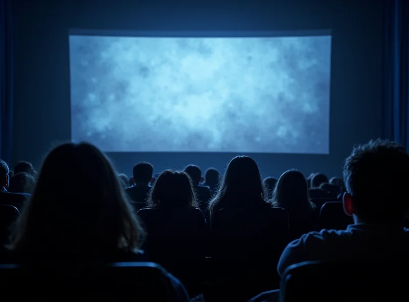 A crowded movie theater with a very long series of commercials playing on the screen.