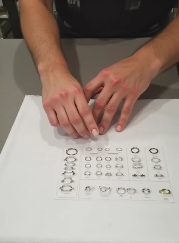 A person using a sizing kit for the Circular Ring 2, with multiple plastic rings of different sizes laid out on a table. The person is holding one of the rings up to their finger to check the fit.