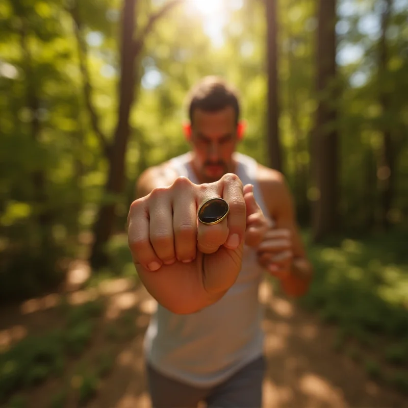 Lifestyle shot of a person wearing the Circular Ring 2 while exercising outdoors. The background shows a park with trees and sunlight filtering through the leaves, conveying an active and healthy lifestyle.