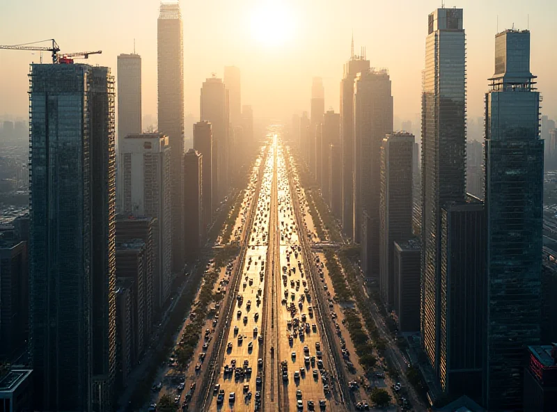 Aerial view of a bustling cityscape in China, showcasing modern skyscrapers and busy traffic.