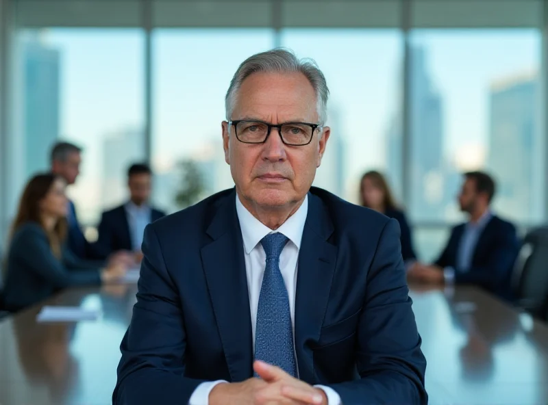 A serious-looking executive sitting at a table in a modern conference room, listening intently to a presentation.