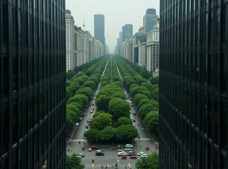 A bustling cityscape with a small patch of green park in the center.