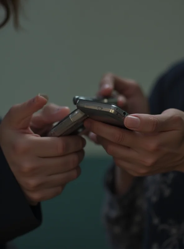 Two hands holding smartphones, one sending a text message, the other receiving it. The background is blurred.