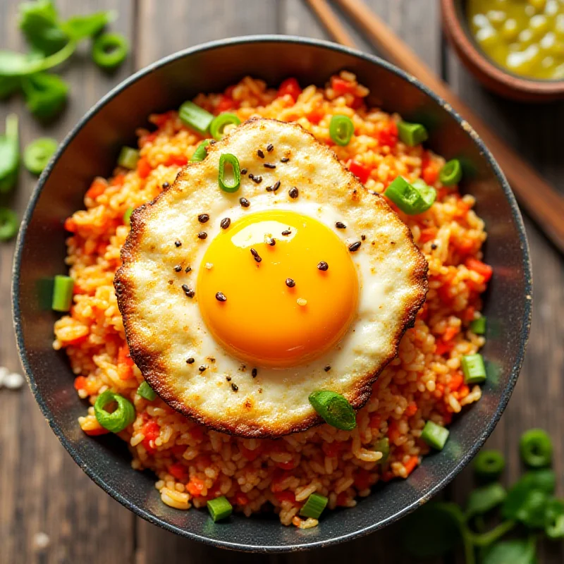 A vibrant and colorful Asian rice bowl with a fried egg on top, garnished with green onions and sesame seeds.