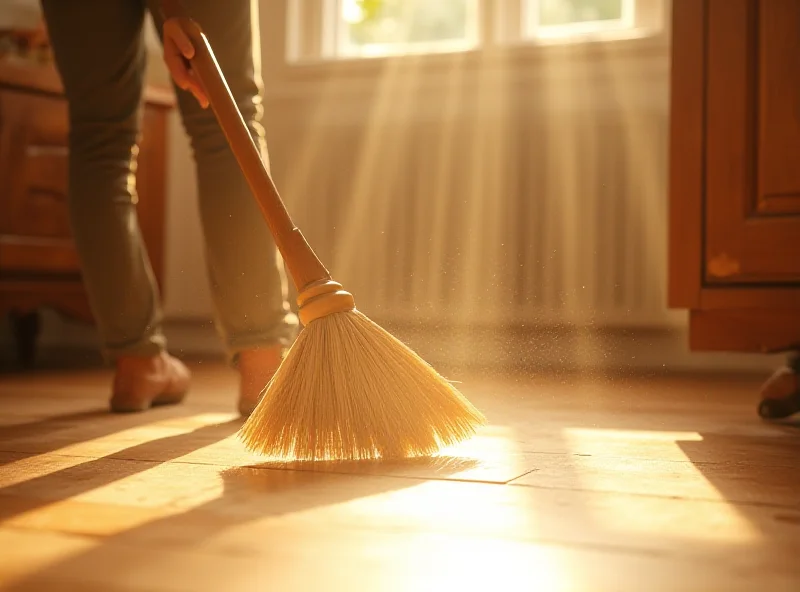 Person sweeping a wooden floor with a broom. The broom has a long handle and natural bristles. Dust motes are visible in the sunlight.