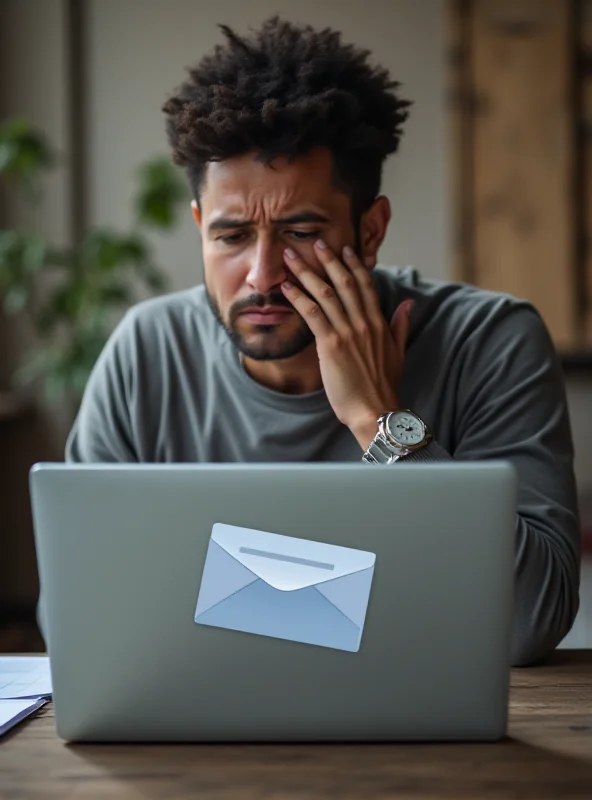 An open email on a laptop screen with a frustrated person in the background.