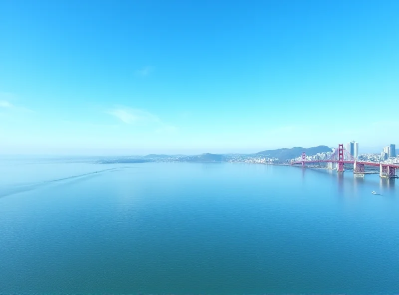 A panoramic view of the San Francisco Bay Area on a sunny day, with the Golden Gate Bridge visible in the distance.