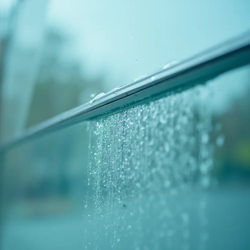 Close-up of a window squeegee cleaning a glass surface, leaving a streak-free finish. The background is blurred.