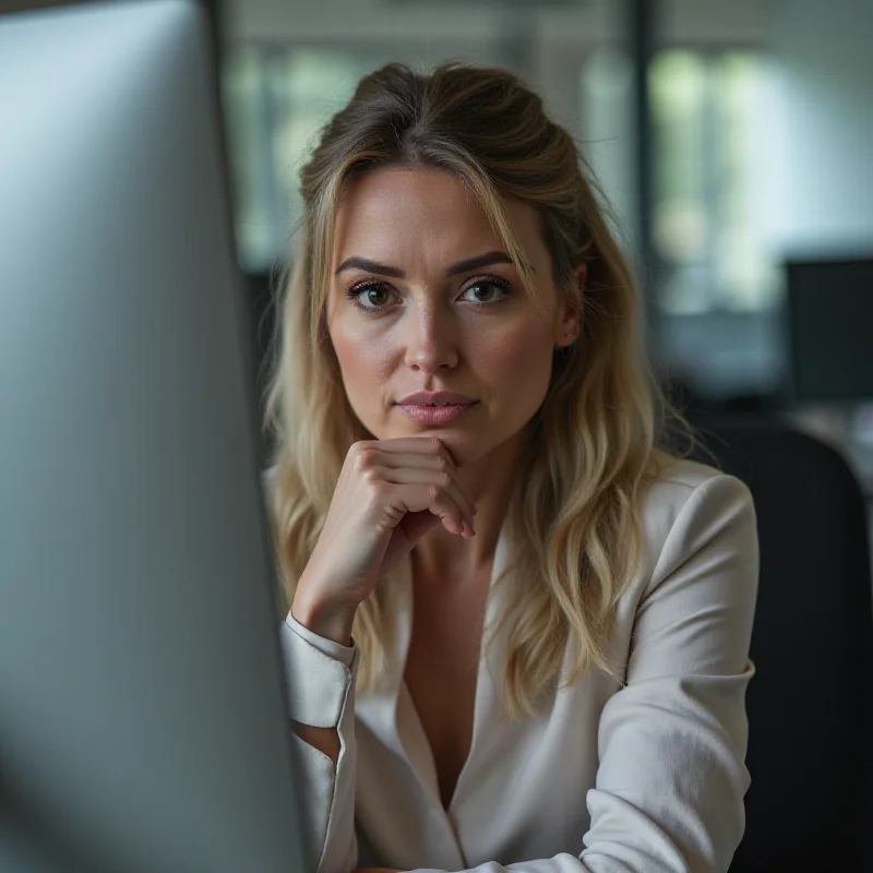 A person looking questioningly at their computer screen, with a confused expression.