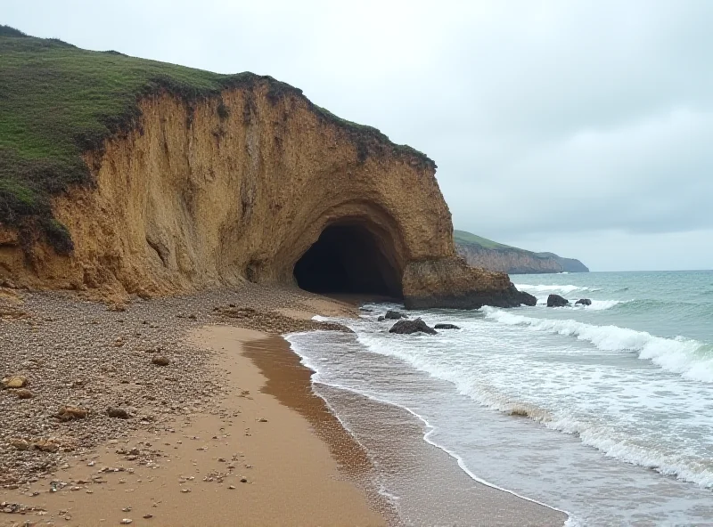 A dramatic cliff collapse at Haven Cliff in Devon, UK. The image shows a large section of the cliff missing, with piles of rubble on the beach below. The sky is overcast and the sea is choppy.