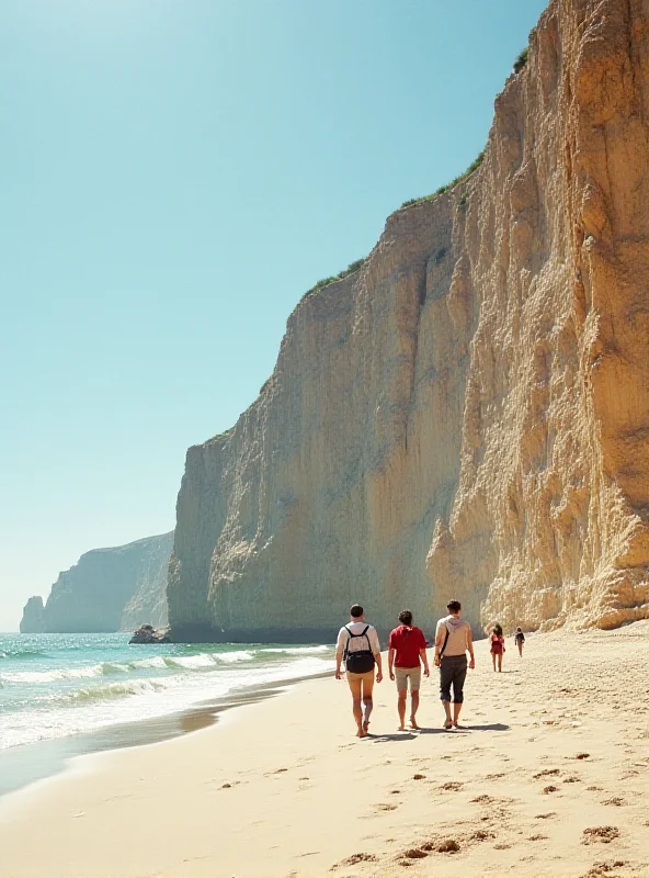 A group of people walking along a beach near a cliff face. The cliff shows signs of recent erosion or collapse. The people are casually dressed and appear unaware of the potential danger.