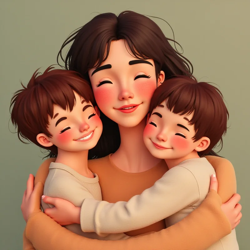 A parent hugging two children.