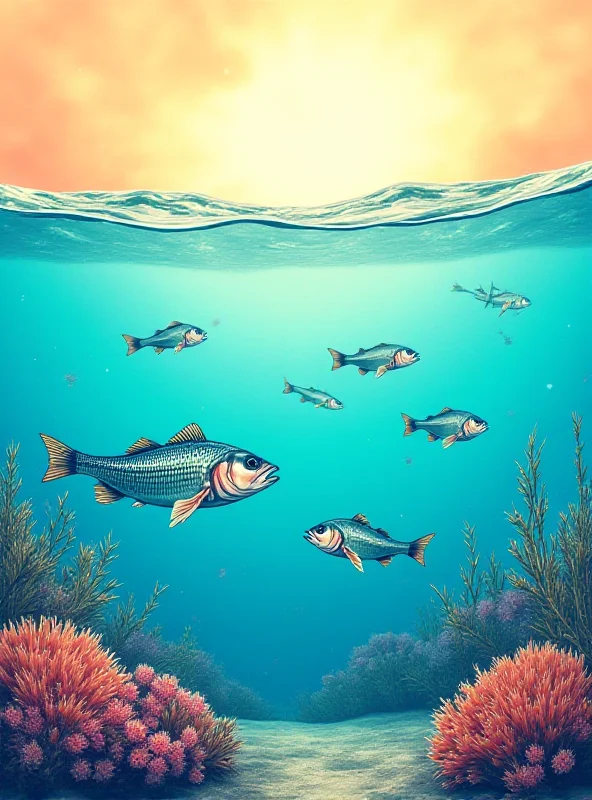 Illustration of various fish species swimming in increasingly warm water