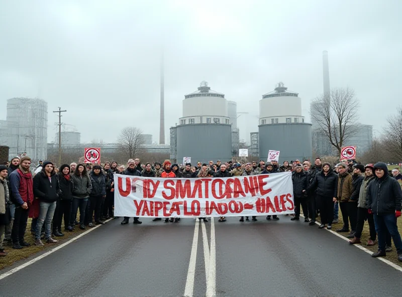 Climate activists blocking a road with banners and signs in front of industrial buildings. 