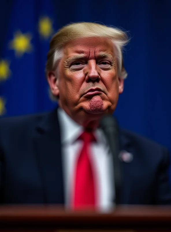 Donald Trump speaking at a podium with the EU flag behind him. His expression is serious and critical.