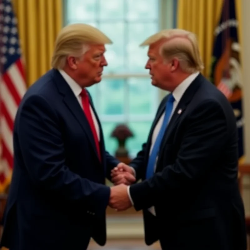 Volodymyr Zelensky and Donald Trump shaking hands in the Oval Office. Both leaders appear somewhat strained.