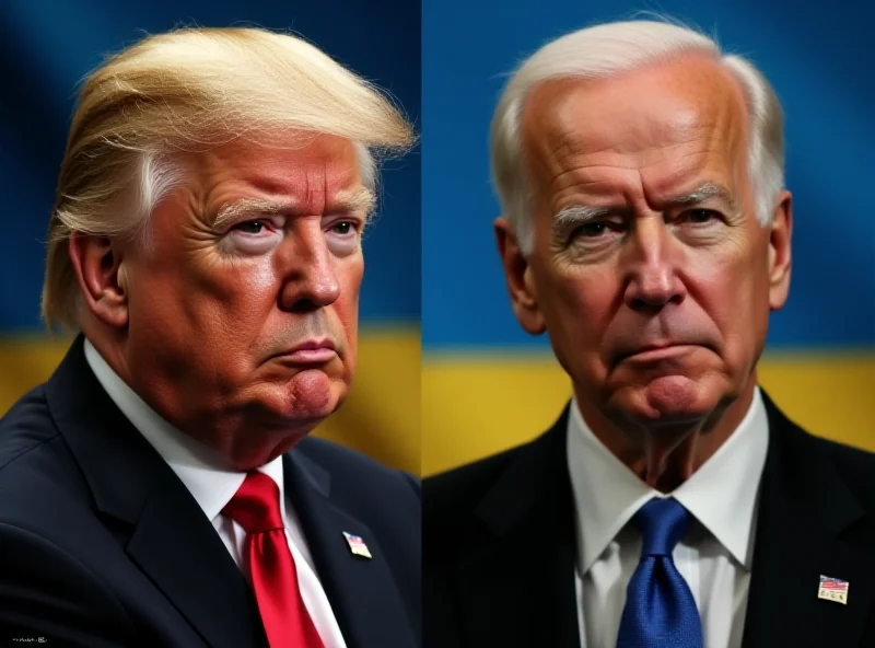 Split image of Donald Trump and Joe Biden with Ukraine flag in the background